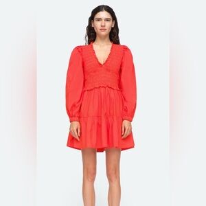 Sea New York Size 4 • Red Gaia Smocked Tiered Long Puff Sleeve Mini Dress.
